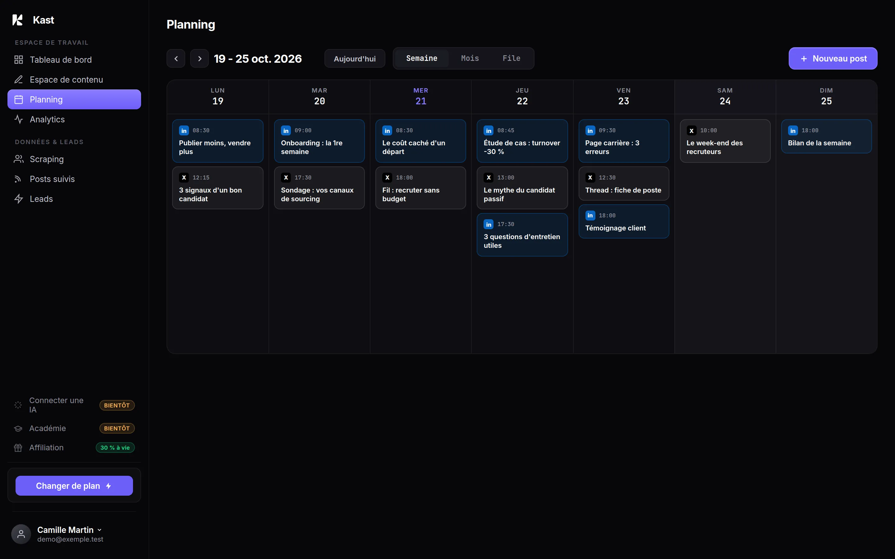 Kast, Planning : les posts LinkedIn et X de la semaine dans un seul calendrier